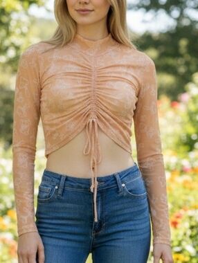 S • Self Esteem • Mushroom Sheer Crop Long Sleeve Ruched Drawstring Top